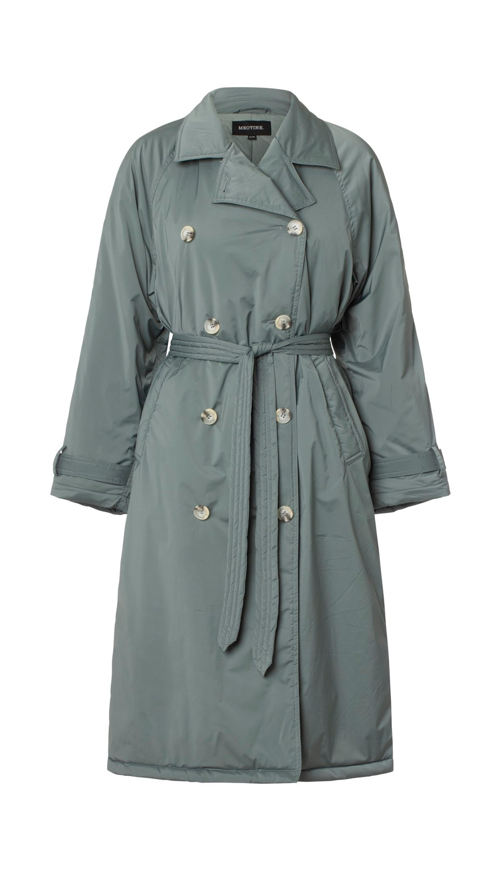 MEOTINE trenchcoat i grå med bælte og dobbeltknaplukning, perfekt til stilfulde dage.