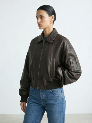 BONNIE LEATHER BOMBER - BROWN