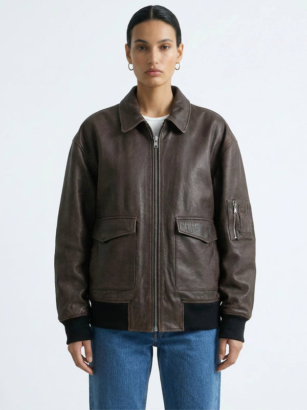 CLYDE LEATHER BOMBER - BROWN