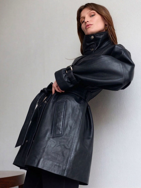 SKYLER LEATHER COAT - BLACK