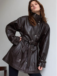 SKYLER LEATHER COAT - BROWN