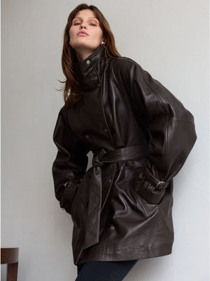 SKYLER LEATHER COAT - BROWN