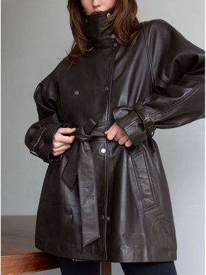 SKYLER LEATHER COAT - BROWN