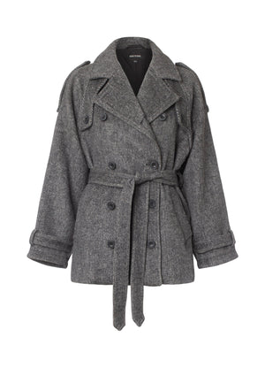 Grå, dobbeltradet frakke med bælte og detaljerede knapper fra MEOTINE, perfekt til en stilfuld og varm påklædning.