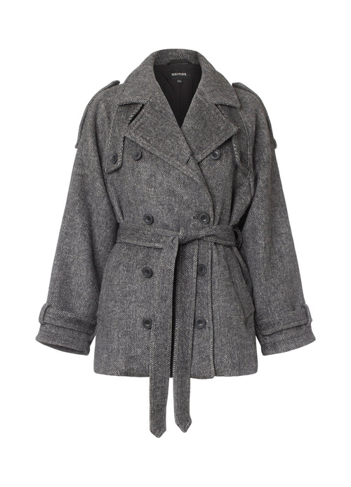 Grå, dobbeltradet frakke med bælte og detaljerede knapper fra MEOTINE, perfekt til en stilfuld og varm påklædning.