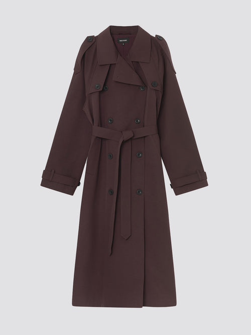 Elegant bordeaux trenchcoat med knapper og bælte, perfekt til enhver lejlighed. Designet af MEOTINE.