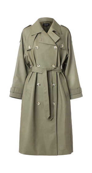 Elegant olivgrøn trenchcoat med bælte og dobbeltknaplukning fra MEOTINE, perfekt til forårs- og efterårsvejr.