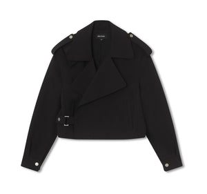 Sort jakke med skrå lynlås og brede skuldre, perfekt til en moderne stil. MEOTINE tilføjer et elegant touch til dit outfit.