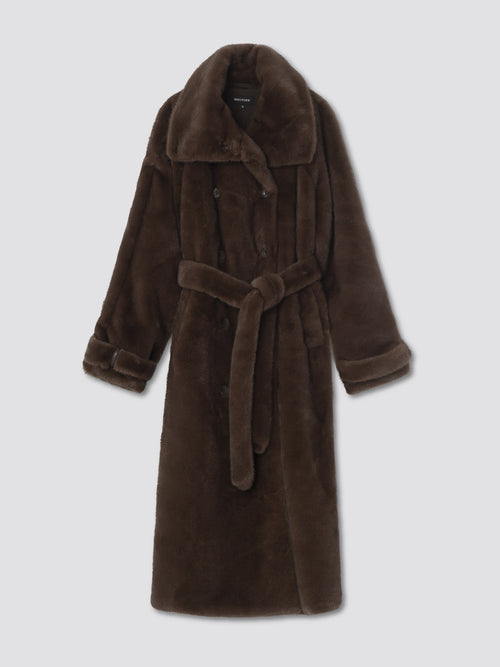 Brun, lang frakke med bælte og store knapper, perfekt til vinteren. MEOTINE giver stil og varme i koldt vejr.