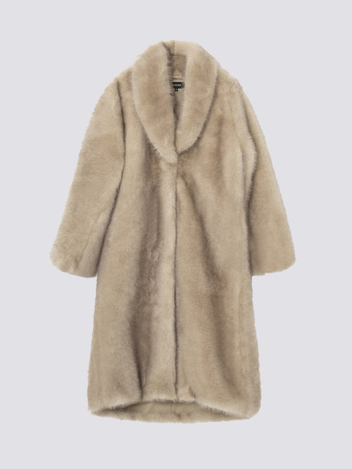 Lys beige faux fur frakke med stor krave, perfekt til at holde varmen i stil. MEOTINE tilføjer elegance til din garderobe.