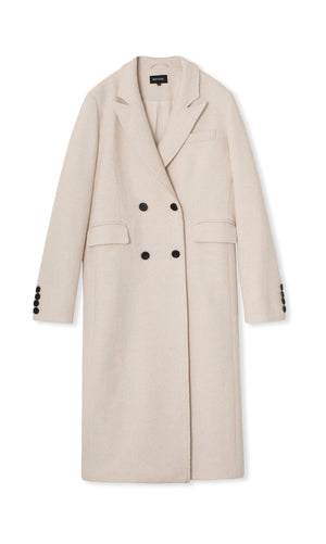 Elegant, lys beige frakke med dobbeltknaplukning og lommer, perfekt til efteråret fra MEOTINE.