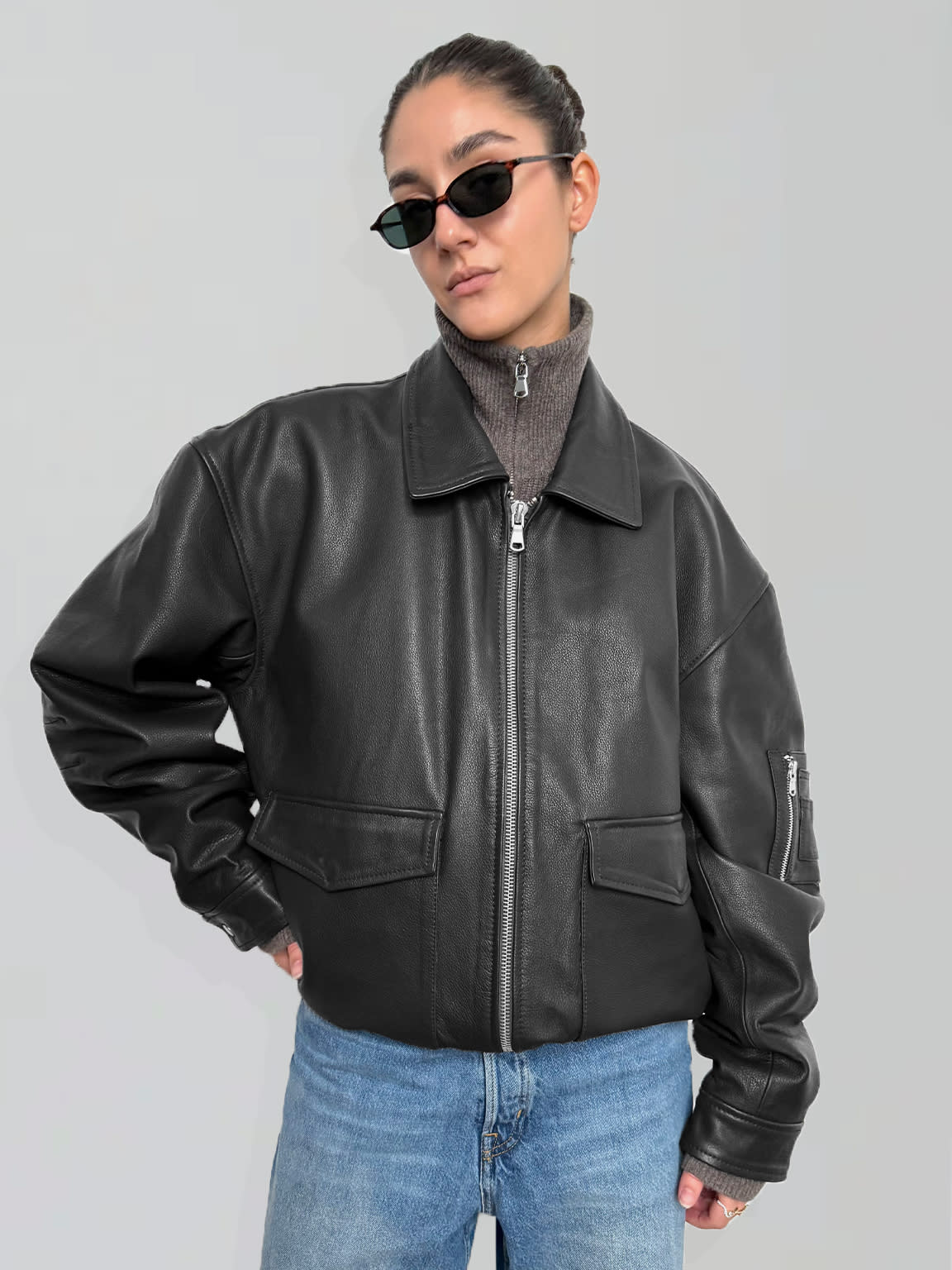 TANIS LEATHER BOMBER - BLACK