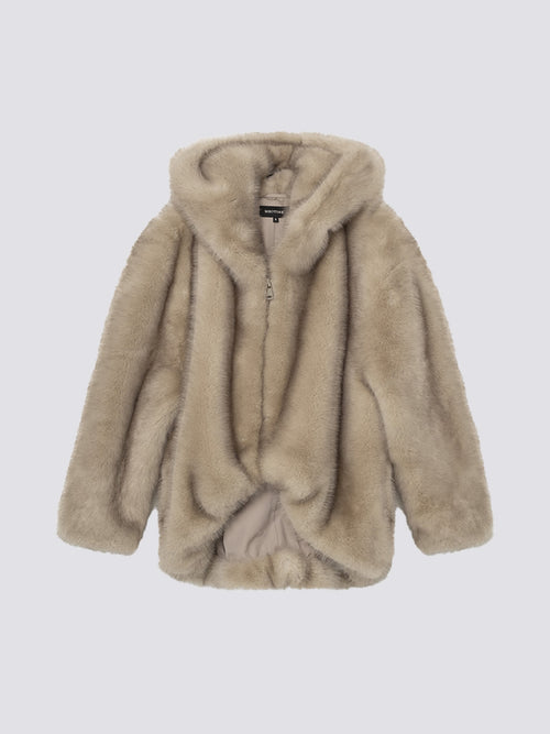 Lys beige faux fur jakke med hætte og lynlås, perfekt til varme og stil. MEOTINE tilføjer elegance til din garderobe.
