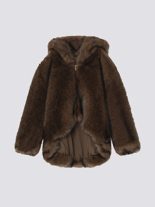 Brun, fluffy jakke med hætte og blødt for, perfekt til kolde dage. MEOTINE tilføjer stil og komfort til din garderobe.