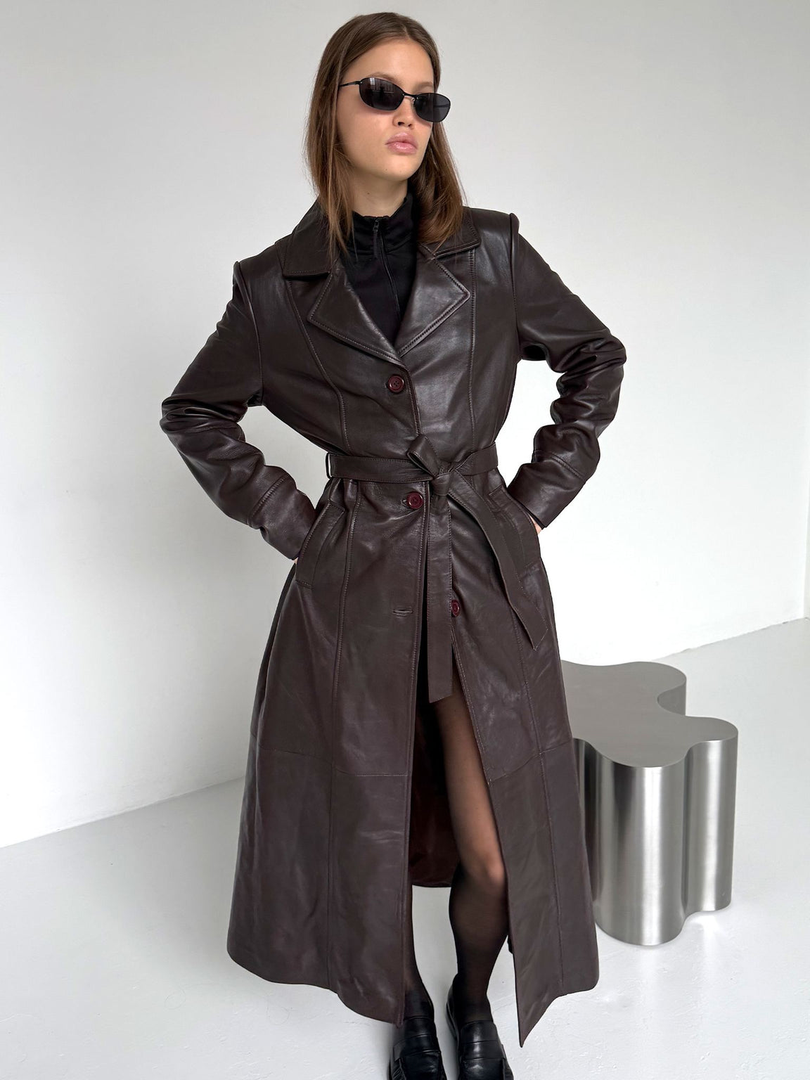 DREW LEATHER COAT - BROWN