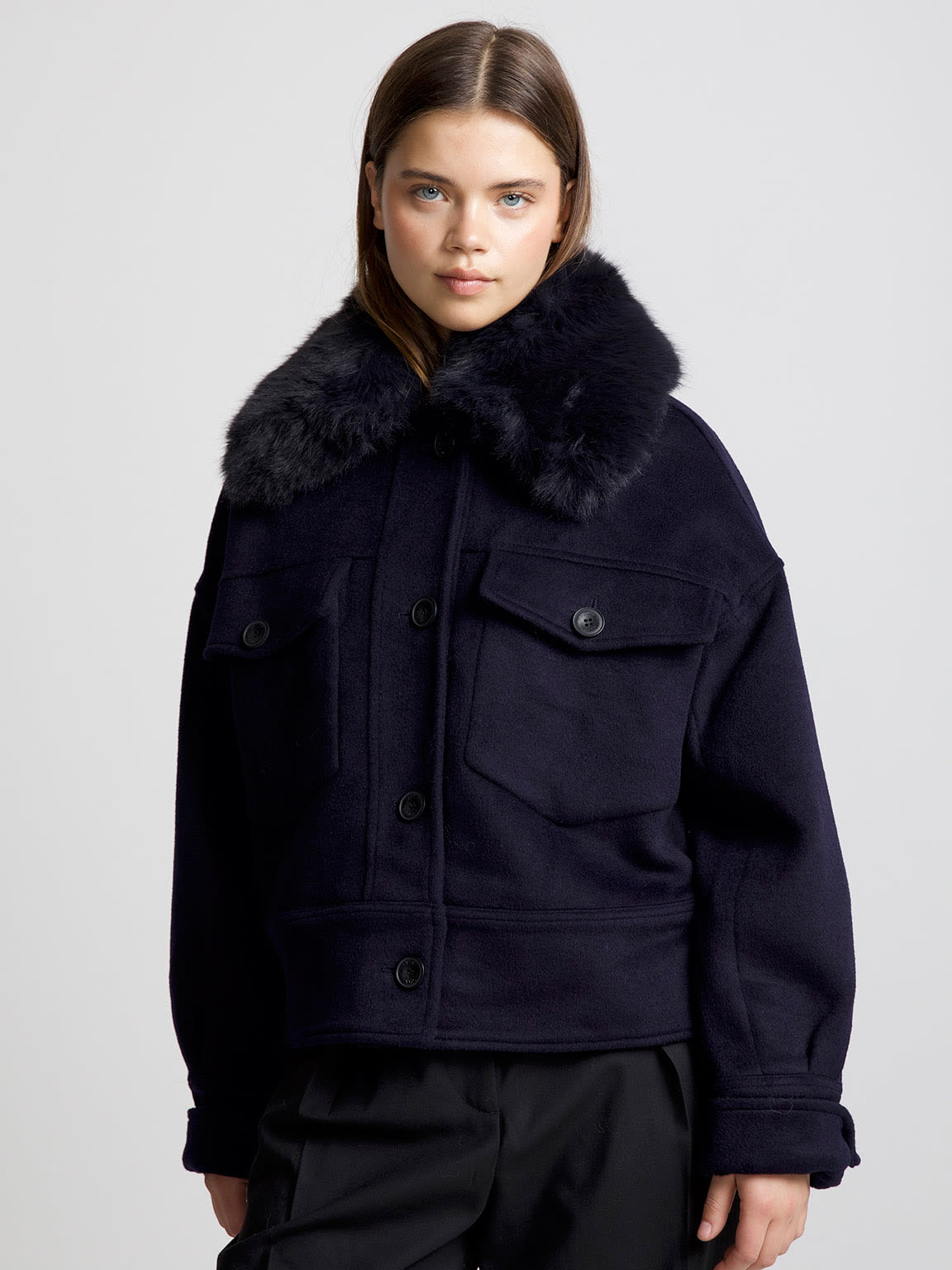 CHARLIE JACKET - FAUX FUR - WOOL NAVY