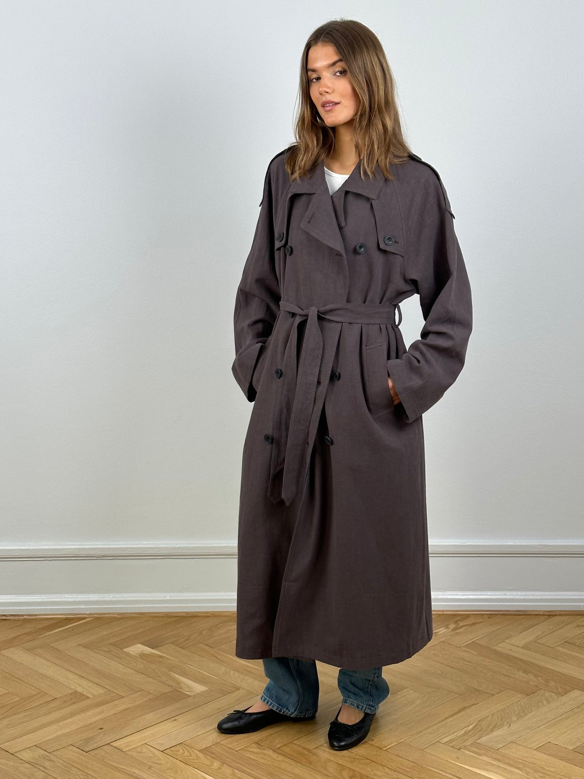 KIRA LINEN COAT - GREY/BROWN