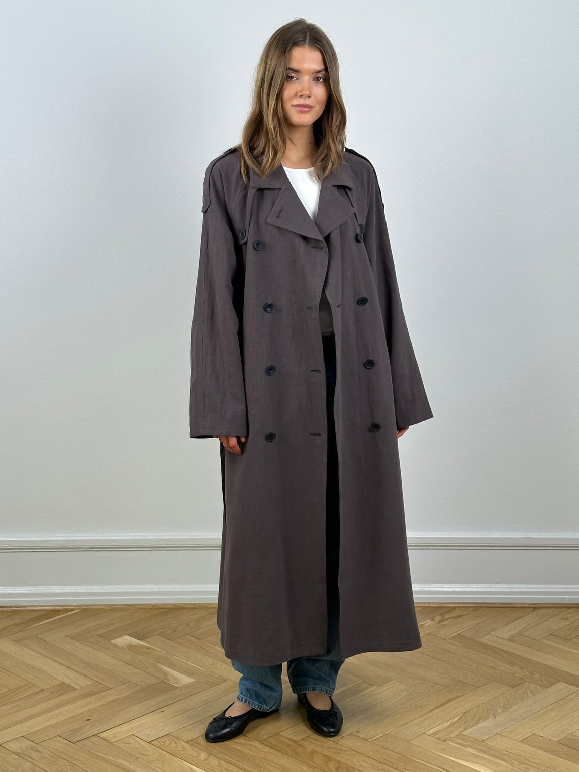 KIRA LINEN COAT - GREY/BROWN