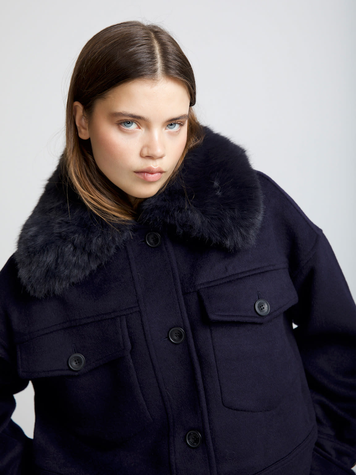 CHARLIE JACKET - FAUX FUR - WOOL NAVY