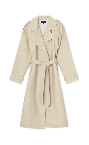 Beige trenchcoat med bælte og lange ærmer, perfekt til foråret. MEOTINE tilføjer stil og elegance til din garderobe.