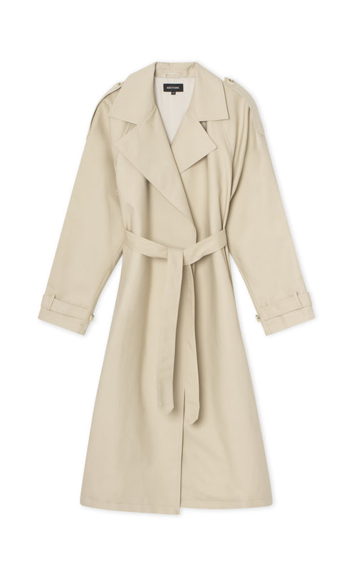 Beige trenchcoat med bælte og lange ærmer, perfekt til foråret. MEOTINE tilføjer stil og elegance til din garderobe.