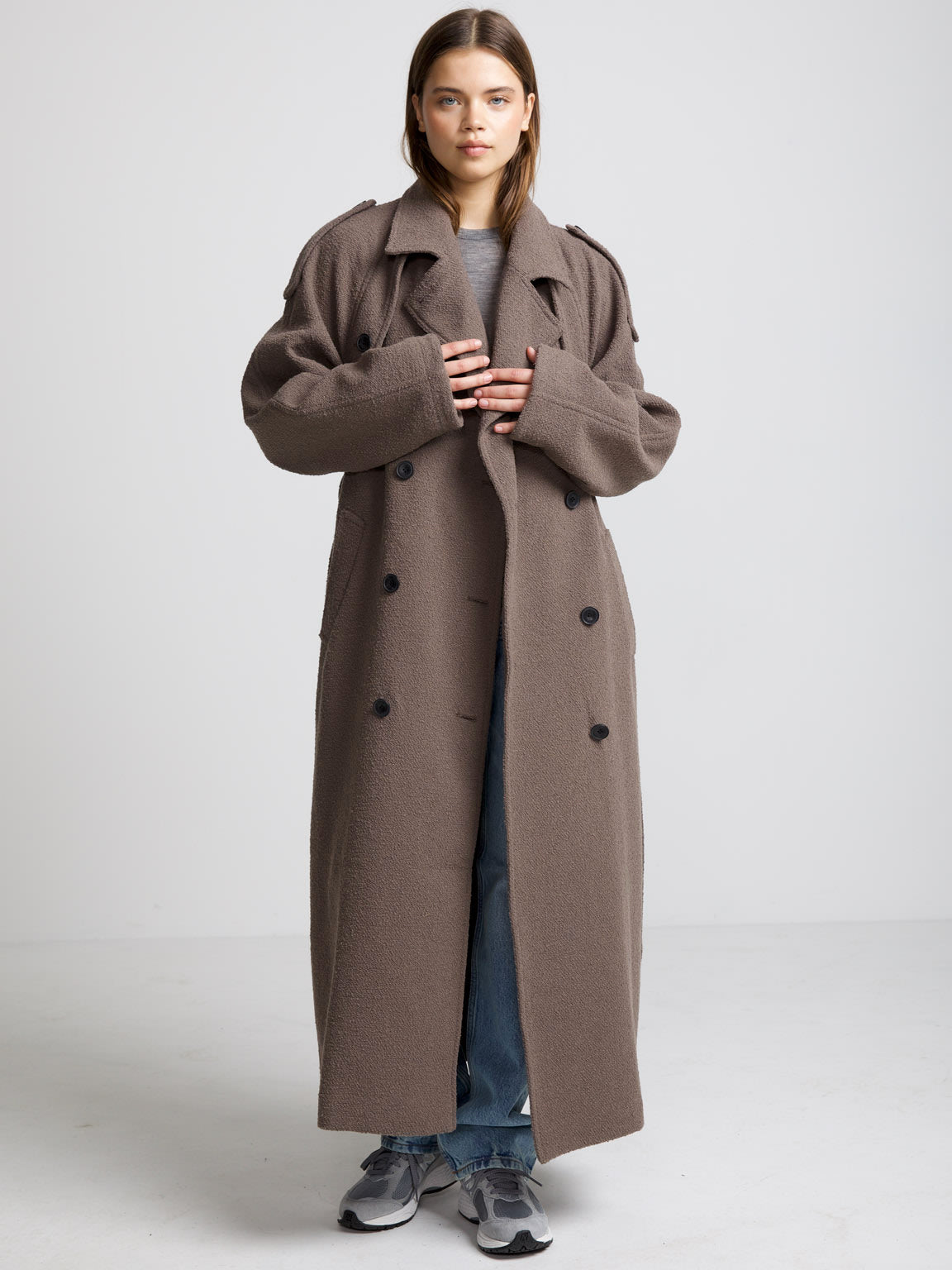 KIRA BOUCLE TRENCHCOAT - GREY BROWN